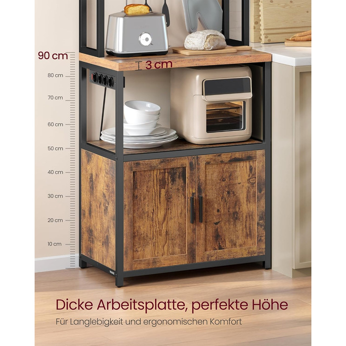 Поличка кухонна VASAGLE з розетками, шафка, стільниця 90 см, напольна полиця з 8 гачками, 40 x 60 x 170 см, вінтажний коричневий + чорний, KKS058K02