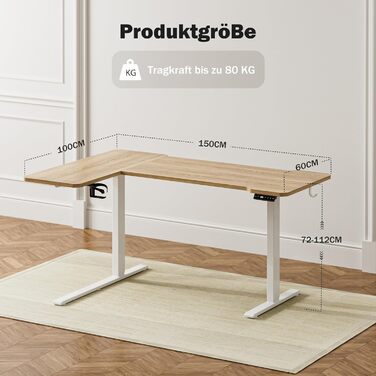 Стол письмовий L-подібний, регульований по висоті, 150 x 100 см, електричний, ергономічний, з підстаканниками та гачками, коричневий