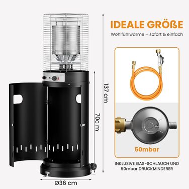 Газовий обігрівач для тераси Heizpilz - 11 кВт, Propan, для саду та тераси, чорний, з регулятором та шлангом 36L x 36W x 137H cm (Газовий балон не входить у комплект)