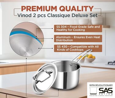 Набір кухонного посуду Vinod Classique Deluxe з нержавіючої сталі, 7 предметів: казан, сковорода, каструля з ручкою, соусник, кухонні аксесуари, індукційне дно, 2 роки гарантії