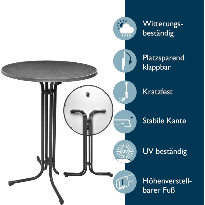 Стіл Beautissu розкладний, 70 см, білий Bellini – стійкий, атмосферостійкий, з антибліковим покриттям. Підходить для вулиці, кафе, барів, вечірок. Легка збірка, Ø 70 см.