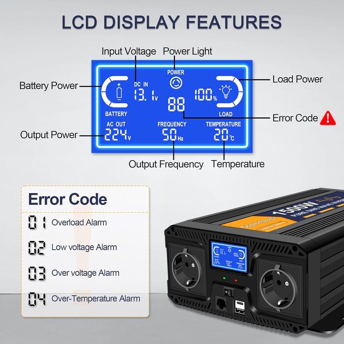 Інвертор Starkbaer 1500 Вт/3000 Вт Перетворювач напруги від 12 В до 230 В Перетворювач напруги з чистою синусоїдою Автомобільний перетворювач з РК-екраном, пультом дистанційного керування, 2 розетками змінного струму ЄС, 1 портом Type-C і 1 портом USB 100