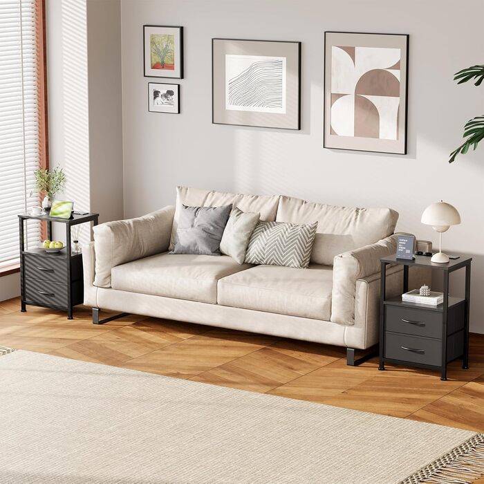 Нічний столик з LED-підсвіткою та функцією зарядки, з ящиком, 3 розетки AC та USB, для вітальні та спальні (40T x 30B x 60H cm, Чорний, 2 шт.)