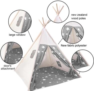 Дитяче намет-типі Camiraft сірого кольору, індійський намет-іграшка зі зірками для дітей, бавовняний намет для дівчаток та хлопчиків з сумкою, складаний дитячий домік для дому чи на вулицю