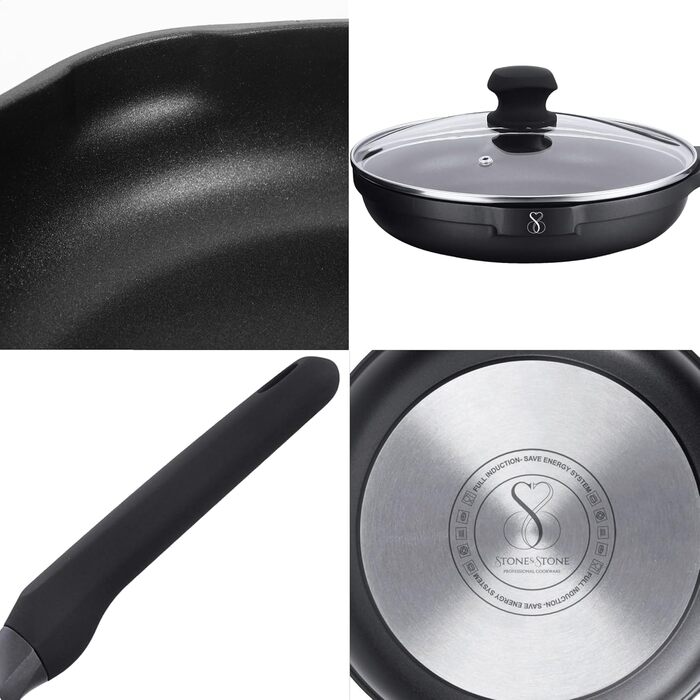 Сковорода-гриль Stone&Stone 28x28 см | Професійна сковорода для стейків | Німецьке антипригарне покриття GREBLON C3+ без PFOA | Знімна ручка | Підходить для індукції, газу та духовки | Для приготування барбекю з щипцями (24 см)