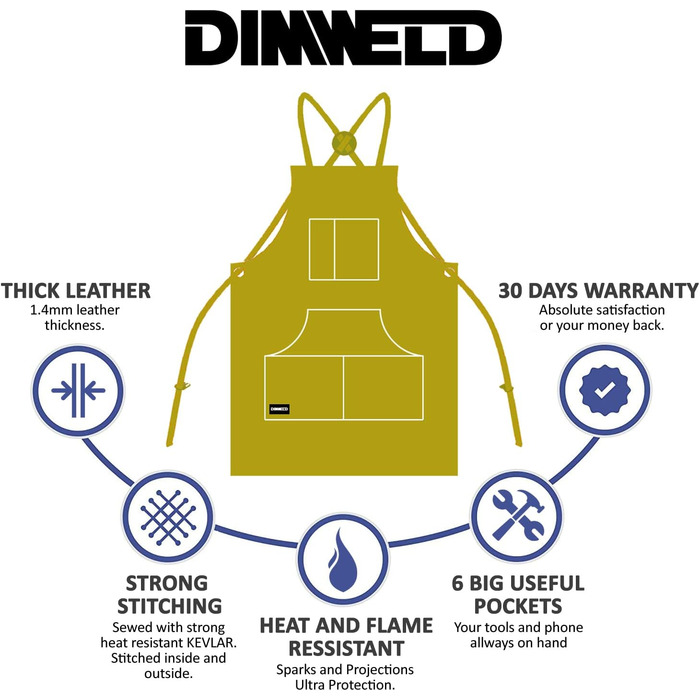 Чоловічий шкіряний зварювальний фартух DIMWELD. Вогнезахисний термофартух для зварювання в майстерні. Регульований захисний одяг з 6 кишенями для інструментів. (Жовтий)