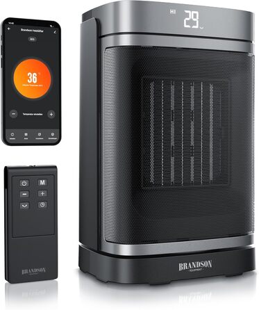 Керамічний обігрівач Brandson з Wi-Fi, тихий, енергозберігаючий, з пультом керування, функцією осциляції, ECO-режимом, дитячим замком та таймером – для ванної, вітальні, офісу, дитячої кімнати