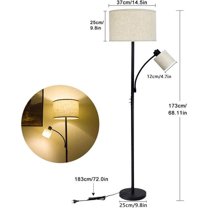 Торшер Depuley LED E27 5W, чорний, 2 тумблера, тканинний абажур, в т.ч. лампочки