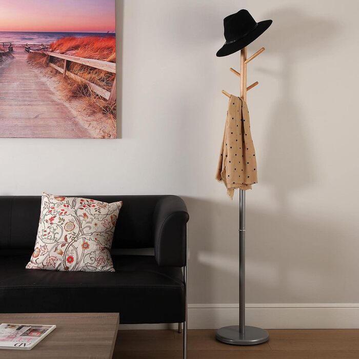 Верса Мальме Мінімалістична вішалка для одягу в передпокій, з 9 гачками для одягу або сумок, розміри (ВxШxГ) 171 x 28 x 28 см, метал та дерево, колір: сірий