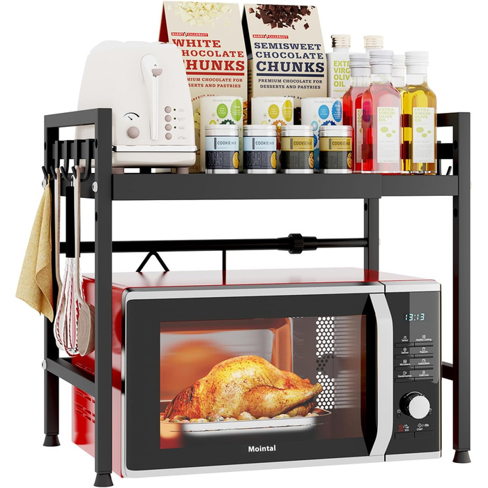 Регульована підставка для мікрохвильової печі, 2-рівнева розширювана, з вуглецевої сталі, з 8 гачками, чорна