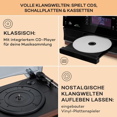 Вініловий програвач Auna з динаміками, CD-програвачем, USB, Bluetooth, DAB-радіо, ретро-дизайн, коричневий