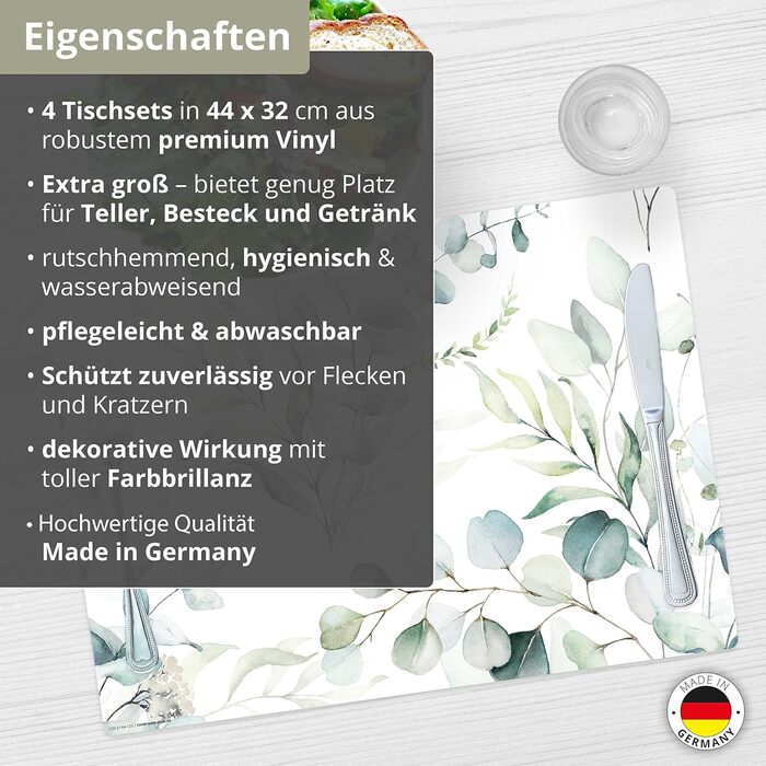 Набір килимків на стіл, 4 шт. з евкаліптовою фарбою, з вінілу (пластику), BPA-free, Made in Germany