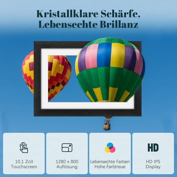 Frameo Цифровий фоторамка з Wi-Fi, 10.1 дюйма, горіх, 32GB, HD IPS сенсорний екран, відтворення фото/відео через додаток Frameo, подарунок для чоловіків та жінок