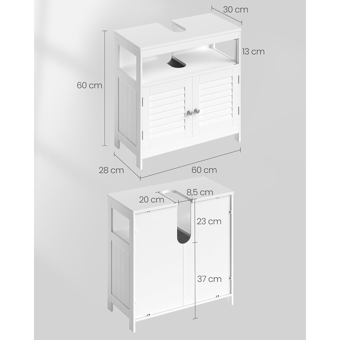 Тумба під умивальник, багато місця для зберігання, жалюзійні дверцята, 2 відділення, 60x60x30 см, білий BBC02WT