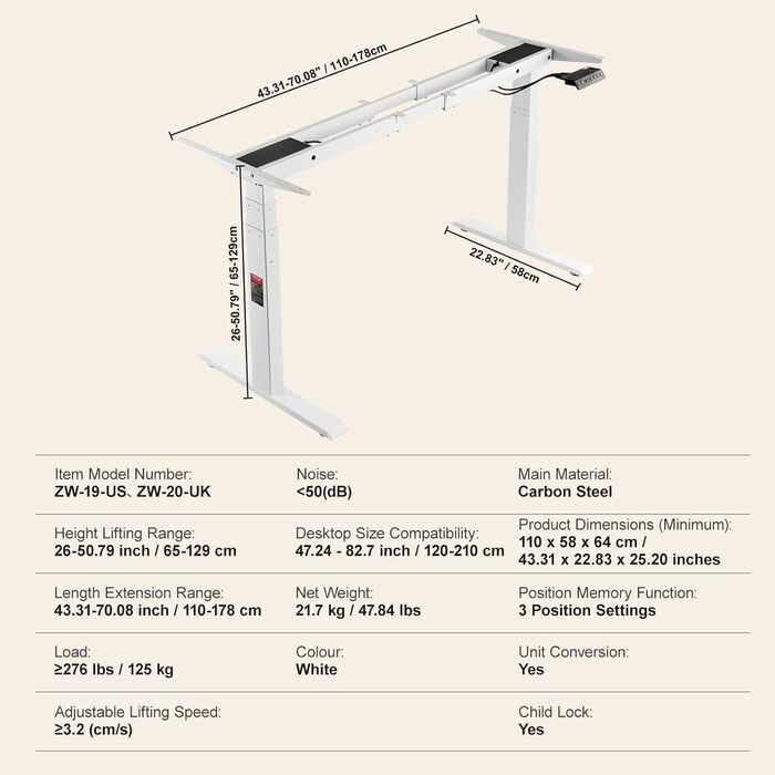 Електричний підйомний стіл-каркас VEVOR з подвійним мотором, регулювання висоти 65-129 см, довжини 110-178 см, ергономічна база для робочого місця, 3 положення (тільки каркас), білий, 110 x 58 x 64 см