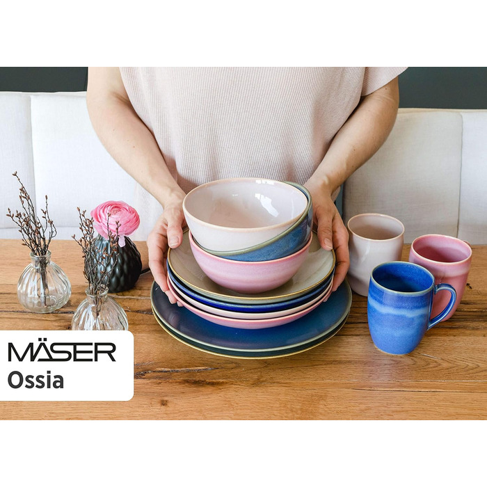 Набір тарілок Ossia на 6 осіб у середземноморському вінтажному стилі, сучасний обідній сервіз із 12 предметів із суповими мисками та обідніми тарілками, керамограніт (рожевий), серія 931946