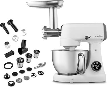 Кухонна машина MEDION MD 12600 з м'ясорубкою, 4.6 л чаша з нержавіючої сталі, тихий двигун, 800 Вт, набір насадок для натирання, шинкування та нарізання, сенсорний дисплей, міксер, тістоміс