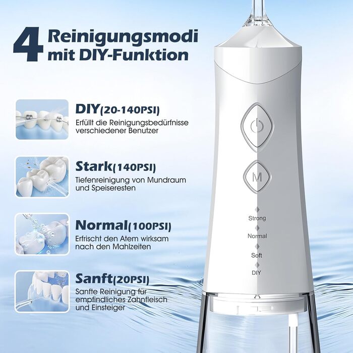 Іригатор для порожнини рота Munddusche - Тест-переможець 2024, професійний, з технологією мікробульбашок, регулювання тиску води, для чищення зубів та брекетів, білий