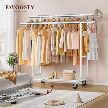 Стійка для одягу на колесах FAVOOOSTY, металева, мобільна, до 200 кг, швидка установка, біла, 2 стяжки