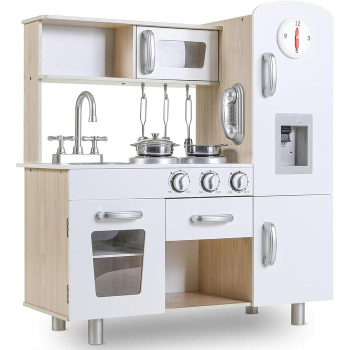 Дерев'яна дитяча кухня MAMIZO - іграшковий кухонний набір для дітей, 81x74x30 см, з підсвіткою та звуком, аксесуари, для дітей від 3 років, білий колір