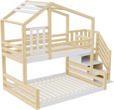 Двоярусне ліжко 90x200 та 140x200 см, дитяче ліжко-горище з місцем для зберігання, сходами та дахом, ліжко-будиночок з вікном, з ламелями та захистом від падіння, без матраца, натуральне дерево
