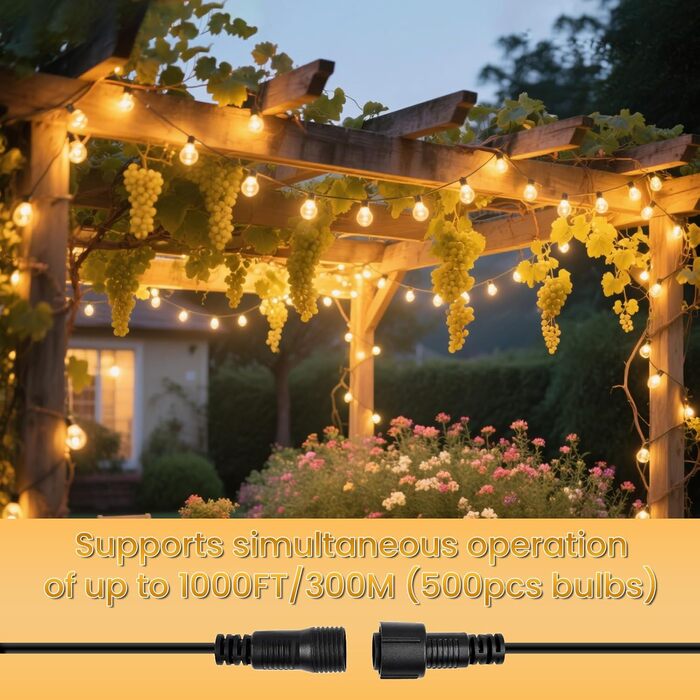 Гірлянда світлодіодна зовнішня 45м, 50+2 лампочки G40, тепле світло, IP45, для тераси, саду, вечірки, балкону, Едісон-стиль, з'єднується | Чорний колір