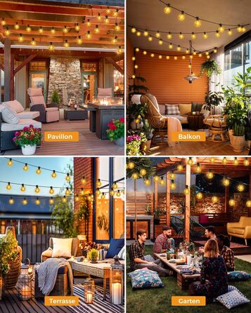 LED гірлянда для декорування саду та тераси, 15 метрів, тепле світло, G40, з таймером та димером, вологостійка