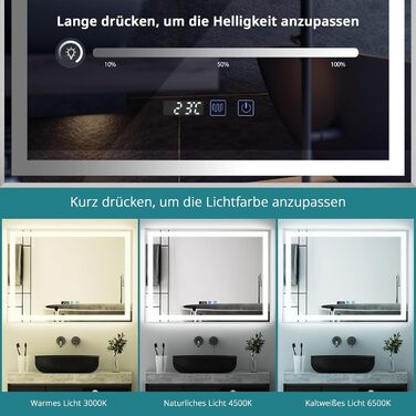 Дзеркало для ванної кімнати YOURLITE з LED-підсвічуванням 100x60 см, сенсорне управління, годинник, антизапар, 3 кольори світла, регулювання яскравості, функція пам'яті, білий (срібло)