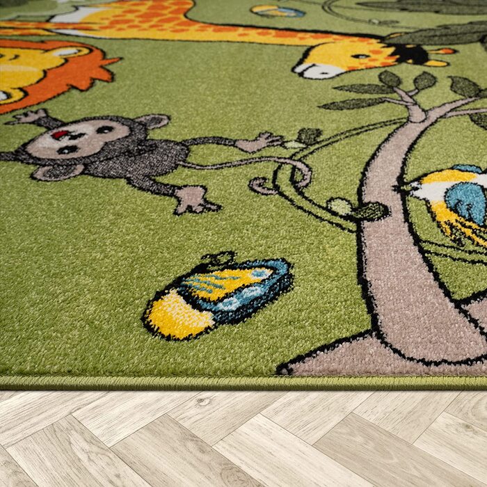 Домашній дитячий килимок Paco, килимок для ігор, тварини джунглів, Пальми, мавпа, слон, жираф, лев, зелений, Розмір (80 х 150 см)