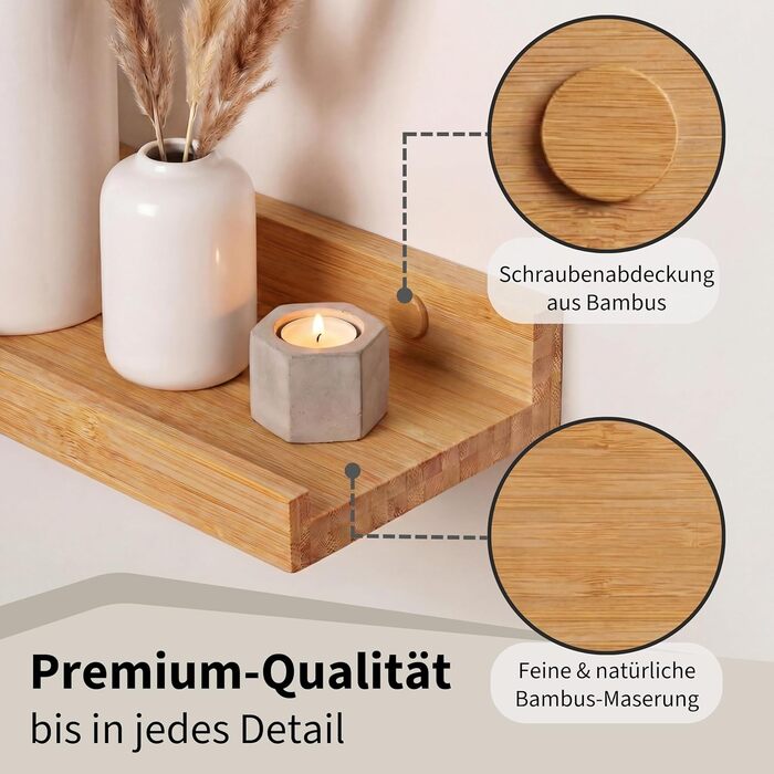 Camerado Набір з 2 бамбукових полиць-карнизів 60 см - настінне дерев'яне полиця з кріпленнями та заглушками