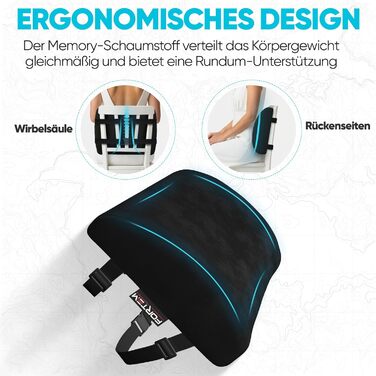 Подушка під поперек FORTEM з ефектом пам'яті для авто, ігрового та офісного стільця, ергономічна підтримка спини з дихаючою знімною обробкою (Чорний велюр)