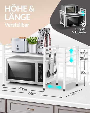 Стійка для мікрохвильової печі та кухонні полиці з нержавіючої сталі, 2-ярусна | Стійка для мікрохвильовки, полиця для зберігання, полиця для пекаря, регульована висота та довжина | З інструкцією у відеоформаті та гачками (Білий)