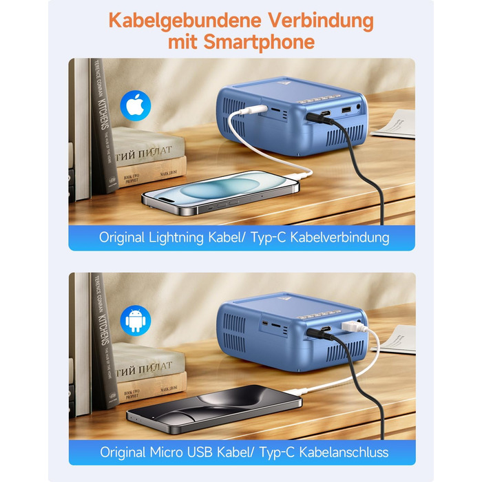 Mini Beamer Bluetooth WiFi: Портативний проєктор 1080P для телефону iPhone/Android, домашній/зовнішній, сумісний з USB/HDMI/Fire Stick/PS5