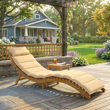 Шезлонг садовий складаний з дерева, вологостійкий, з подушкою та підголівником, ручки для перенесення, 183 x 54 x 63 см, Бежевий