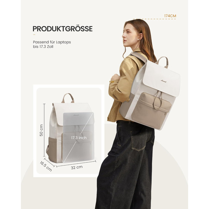 LOVEVOOK Рюкзак для жінок, 15.6 дюймів, рюкзак для школи, підлітки, водонепроникний, дівчатка, легкий, з відділенням для ноутбука, для подорожей, університету, роботи (17.3 дюйма, Бежевий+хакі)
