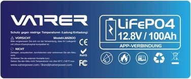 Літієва батарея VATRER POWER 12V 100AH LiFePO4 з Bluetooth, 100A BMS, 5000 циклів, 1280 Вт, захист від низької температури