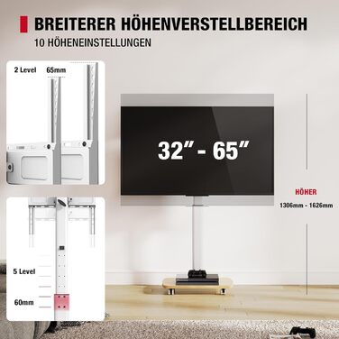 Підставка для телевізора на колесах з полицею, для телевізорів 32-65 дюймів, до 35 кг, поворотна на 90°, регульована по висоті, VESA 400x400mm (Білий+Натуральний колір)