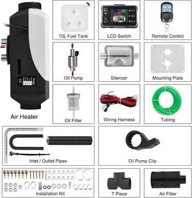 Автономний дизельний опалювач VEVOR 12V 8kW з LCD-дисплеєм та пультом дистанційного керування, 0.16-0.62 л/год, дизельний опалювач для автомобіля