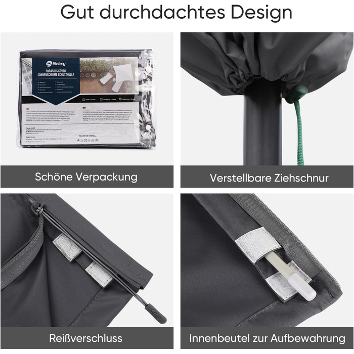 Чохол для садового парасоля Sekey, 260 x 40/70/50 см, темно-сірий, водонепроникний, з вентиляційними отворами