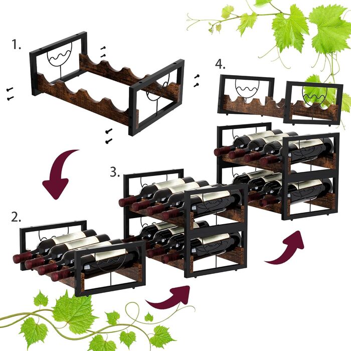 Стелаж для вина на 12 пляшок, 3 яруси, підставка для вина, органайзер для пляшок, античний коричневий