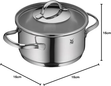 Набір каструль WMF Aparto з нержавіючої сталі Cromargan з кришкою з термостійкого скла, індукційне дно, не має покриття, придатний для миття в посудомийній машині (16 см)