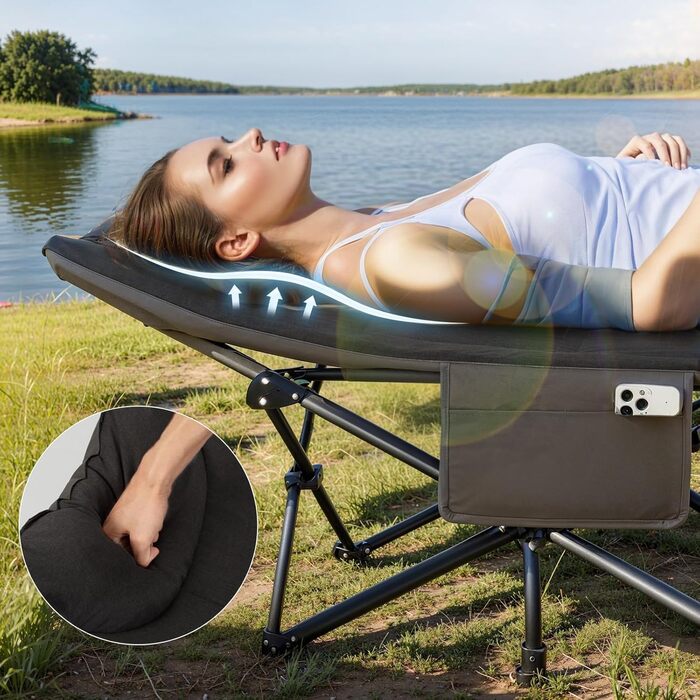 Розкладне кемпінгове ліжко OVERMONT з матрацом, 190x70x40 см, витримує до 250 кг, тканина Оксфорд, з кишенею та сумкою для перенесення, чорне