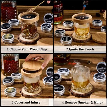 Набір для копчення віскі – Old Fashioned Cocktail, 6 дерев'яних чіпсів, 4 гранітні камені, запальник та аксесуари для поціновувачів віскі та коктейлів (без бутану), гранітні камені з нержавіючої сталі
