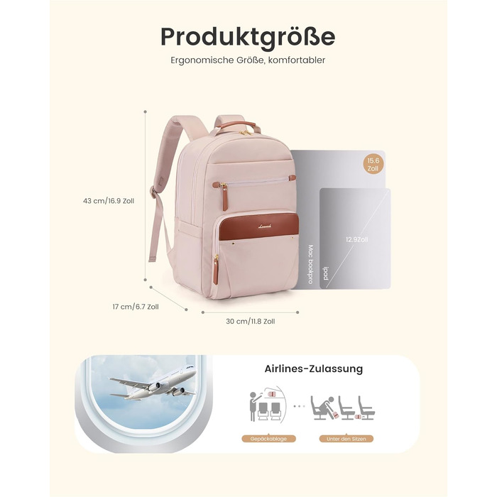 LOVEVOOK Рюкзак для ноутбука, водонепроникний, для роботи, школи, подорожей (15,6 дюймів, абрикосовий+коричневий)