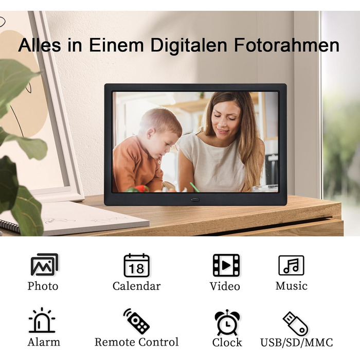 Цифровий фоторамка TSITSC 8.7 дюйма, IPS-дисплей 1024*768, календар, музика, фото- та відеоплеєр, підтримка USB/SD, з пультом ДУ (Чорний)