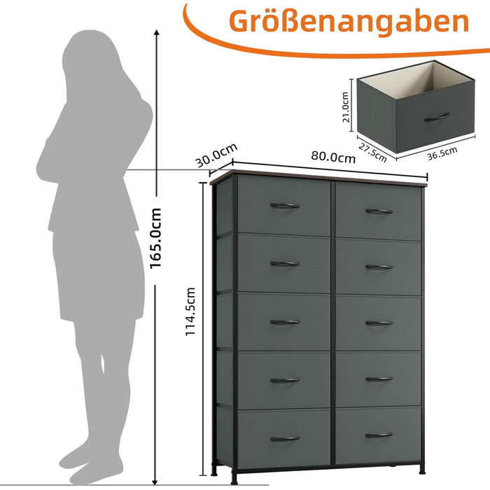 Комод з тканини з шухлядами, комод-шафа для спальні, вітальні, передпокою, 8 шухляд, білий (вугільно-сірий), 30T x 80B x 114.5H см