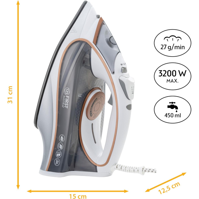 Відпарювач TZS First Austria I 2800-3200W з керамічною підошвою | Самоочищення, вертикальний пар, антинакип | 0,45л, 1.3кг, білий/мідний