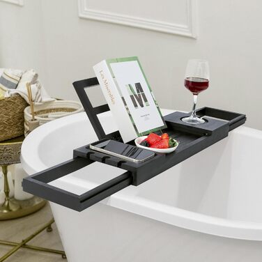 Підставка для ванни Utoplike з бамбука, регульована, органайзер для ванної кімнати з тримачем для книги, планшета, келиха, чашки, рушника, чорного кольору, 50.5 x 18 x 4.4 см