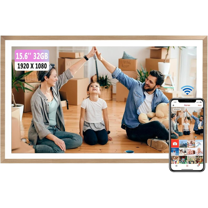 Frameo Цифровий фоторамка 15.6 дюймів Wi-Fi, FHD IPS сенсорний екран, 32GB, віддалене завантаження фото та відео, календар, погода, музика