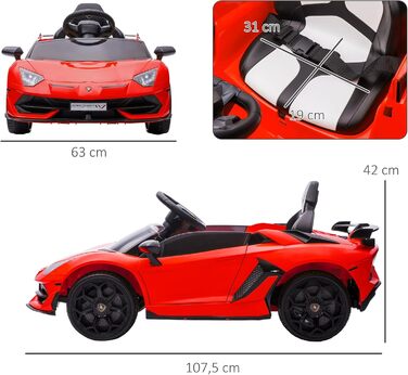 Дитячий електромобіль HOMCOM Lamborghini Aventador SVJ Roadster 12V, червоний, з пультом ДУ, MP3, світлом і звуком, для дітей 3-5 років